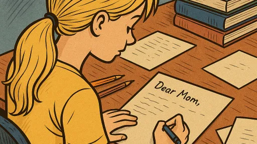 Girl writing a letter at a desk, surrounded by papers and books.