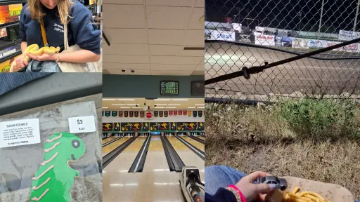 Collage of a bowling alley, a dinosaur-shaped cookie, eating fries at a racetrack.