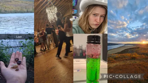 Collage: lakeside view, dance in barn, person in hat, drink bottle, coastal sunset.