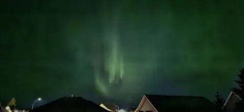 Northern lights in a green-hued sky over silhouetted rooftops at night.