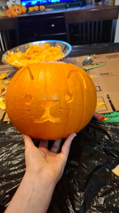 Carved pumpkin with a cat face design, held by a hand.