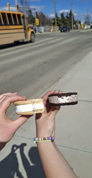 Hands holding two ice cream sandwiches on a sunny street.