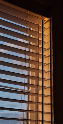 Sunset light filtering through window blinds.