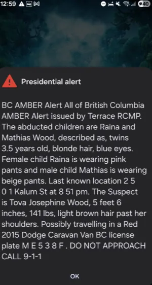 Screenshot of presidential amber alert at 12u59 p.m.